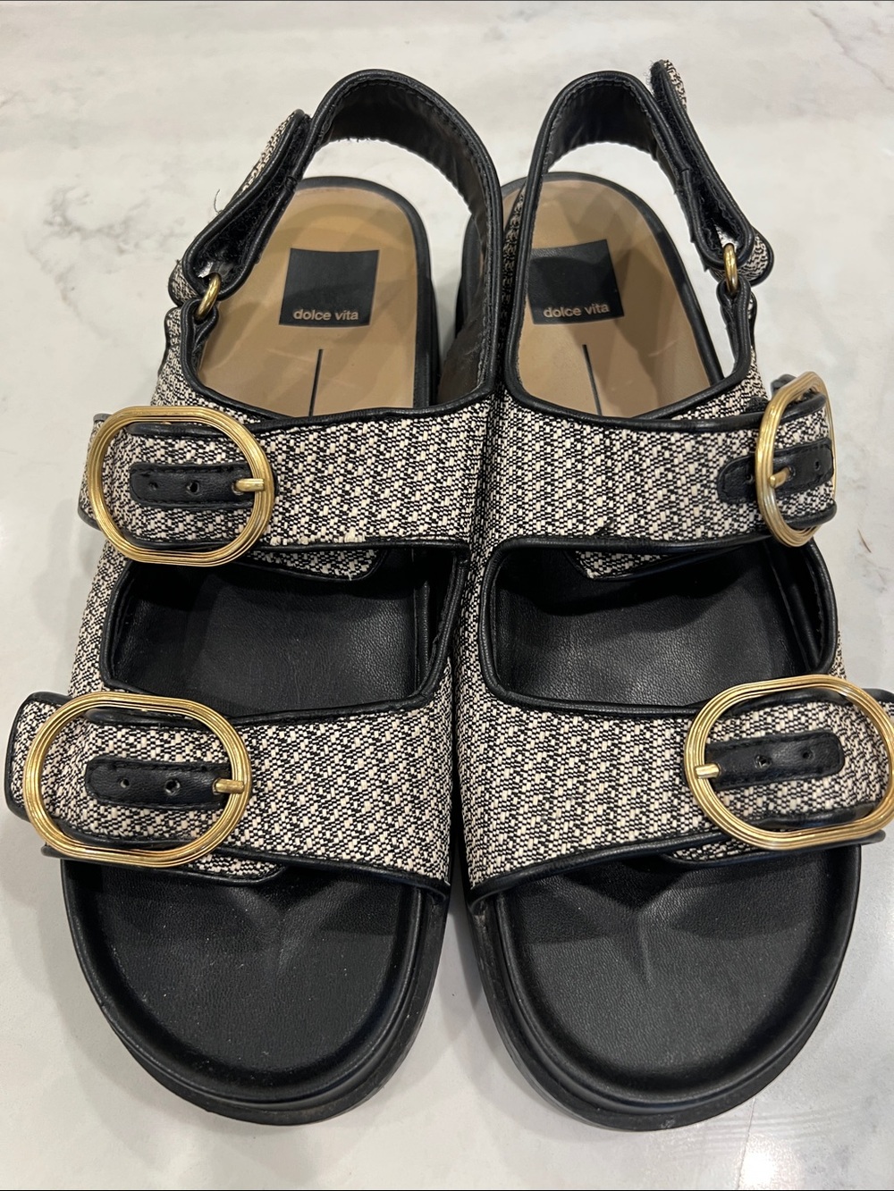 Dolce Vita size 9.5 fabric big buckle sandals. Adjustable. Gold black white